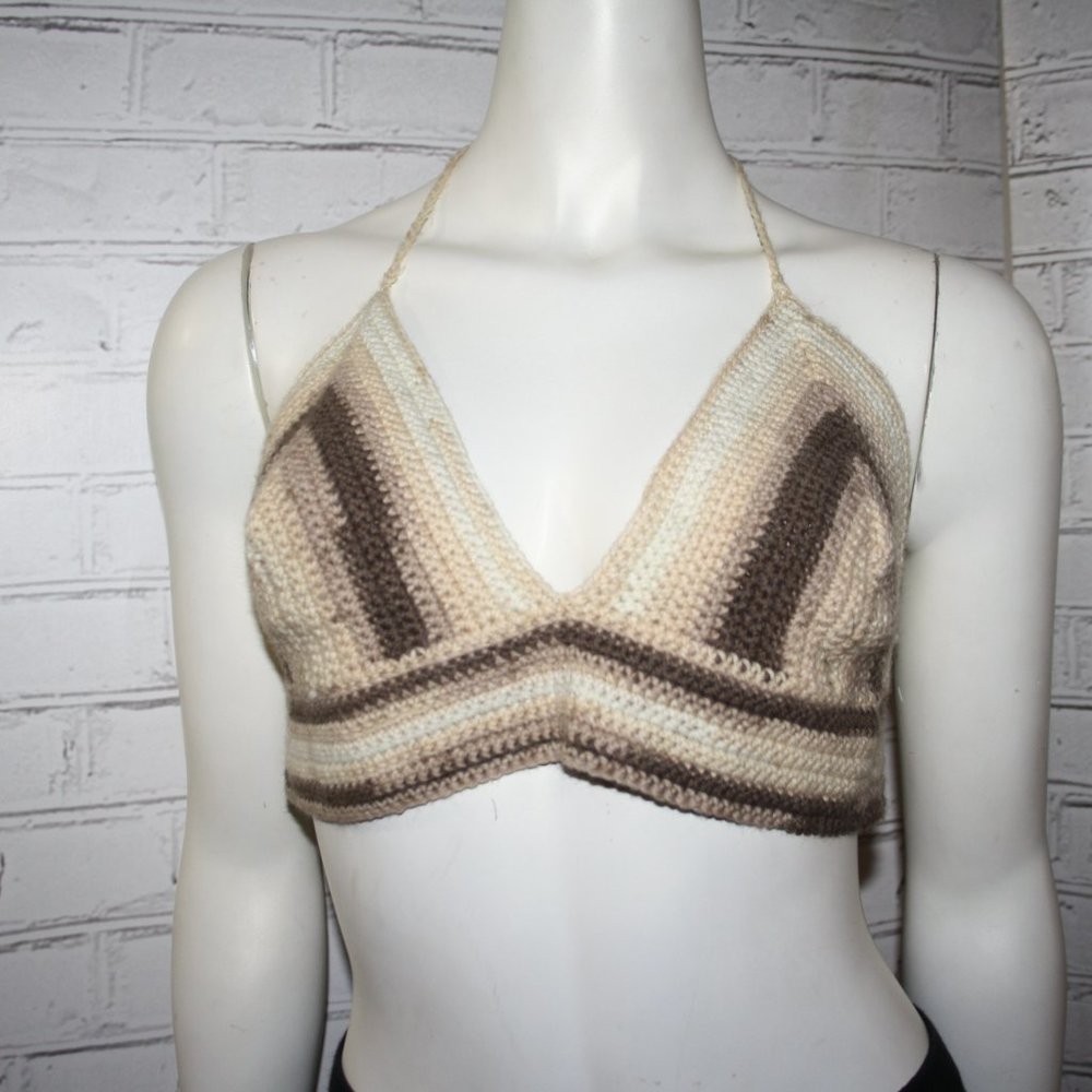 🌞🧶 Handmade Crochet Festival Crop · M/L · Tan & Cream